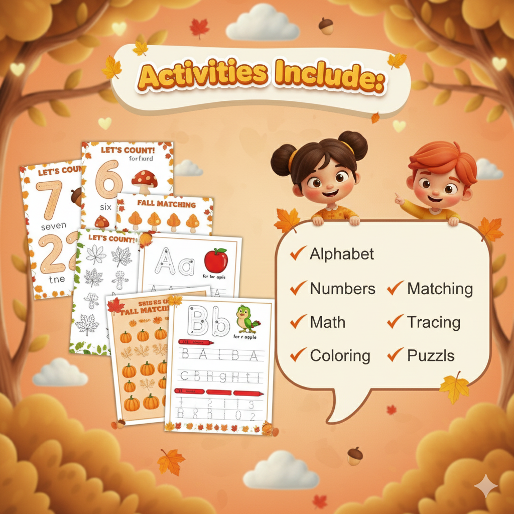 Preschool & Kindergarten Fall Learning Bundle — 227 Activity Pages